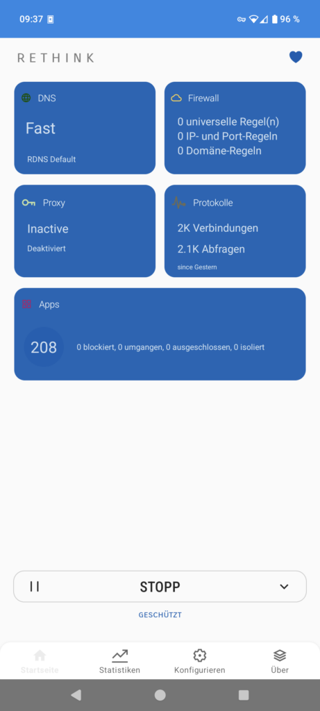 Das Bild zeigt einen Screenshot der Android App Rethink DNS