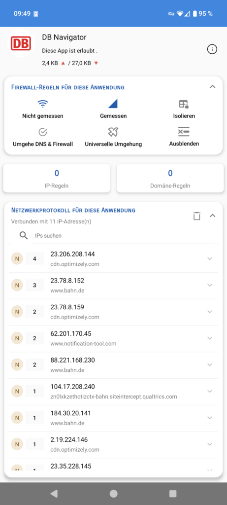 Das Bild zeigt einen Screenshot der Android App Rethink DNS mit den App-Filtermöglichkeiten