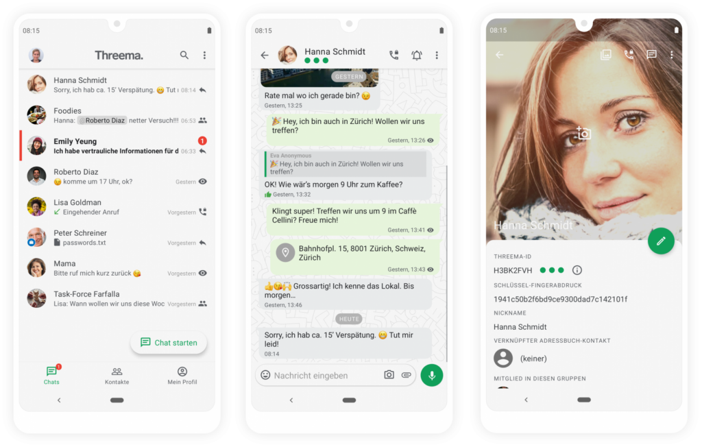 Das Bild zeigt drei Screenshots von Threema für Android.