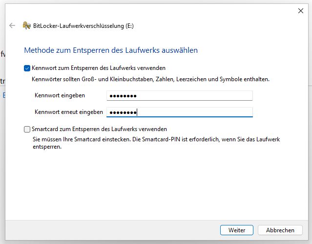 Das Bild zeigt einen Screenshot der Passwortabfrage bei der Aktivierung von BitLocker To Go