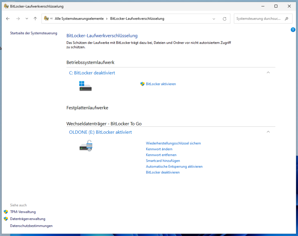 Das Bild zeigt einen Screenshot der Verwaltung bestehender BitLocker to Go Speichermedien