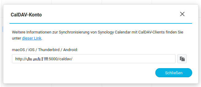 Das Bild zeigt einen Screenshot der CalDAV-Adresse im Synology Kalender