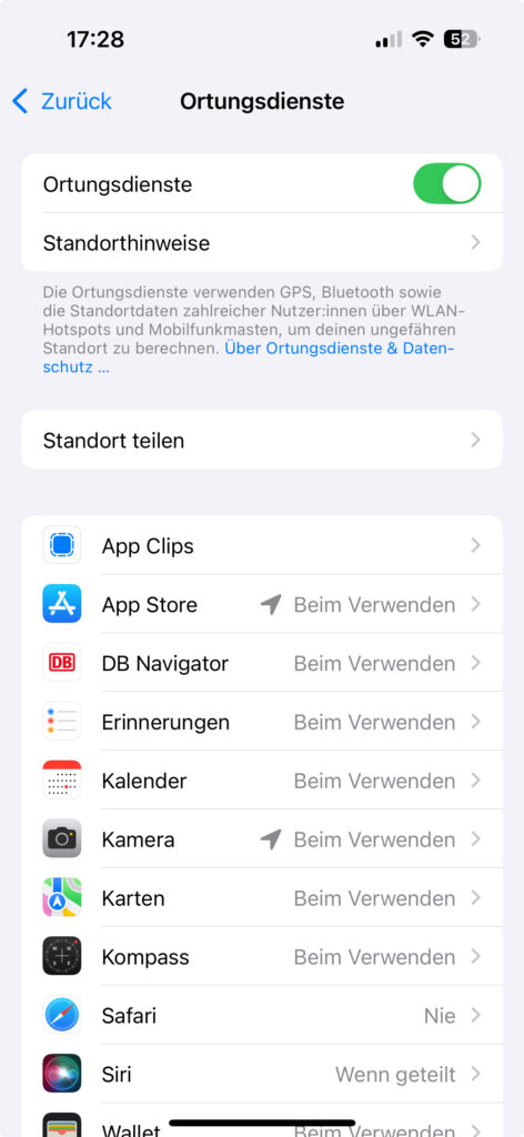 Screenshot der GPS Einstellungen im iPhone