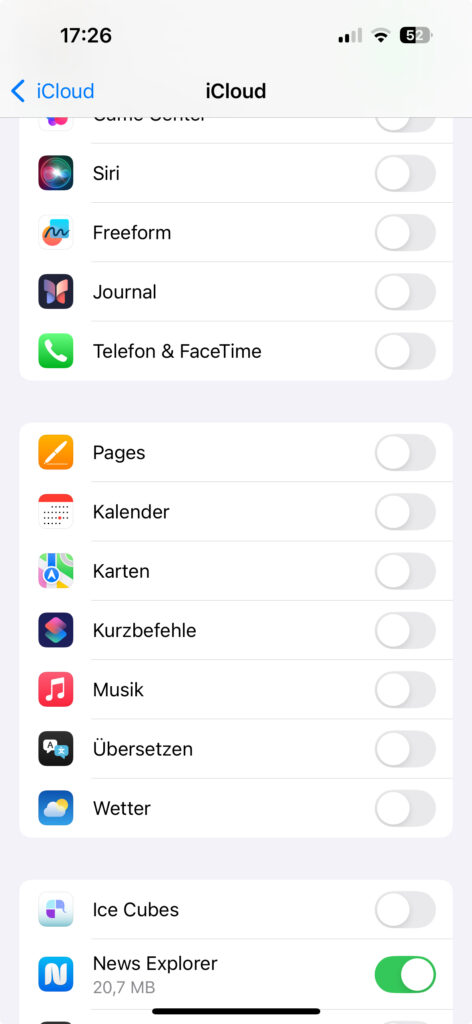 Screenshot der iOS Einstellungen von iCloud