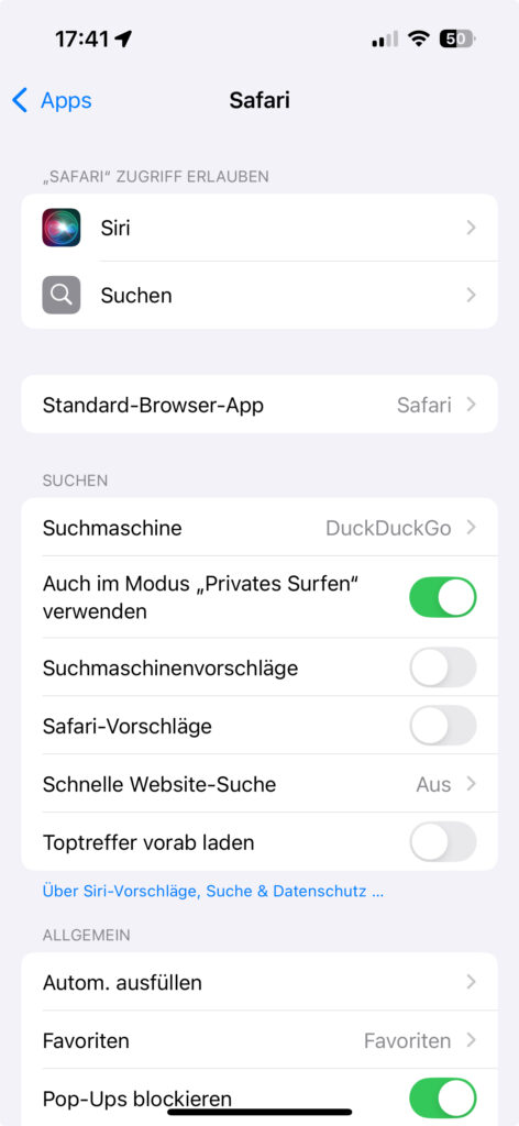 Screenshot der iOS-Safari-Einstellungen