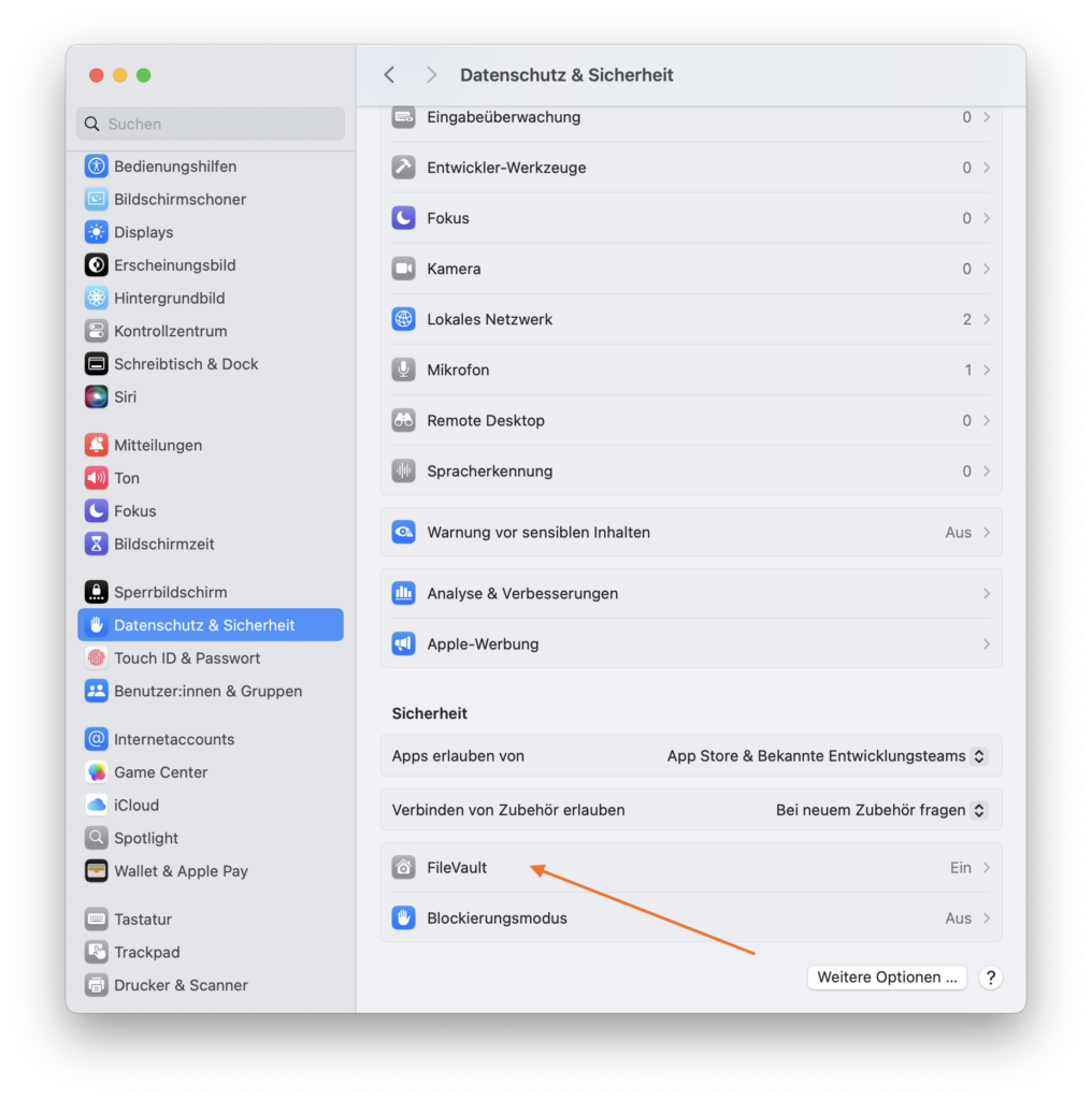 Screenshot der FileVault-Einstellungen in macOS